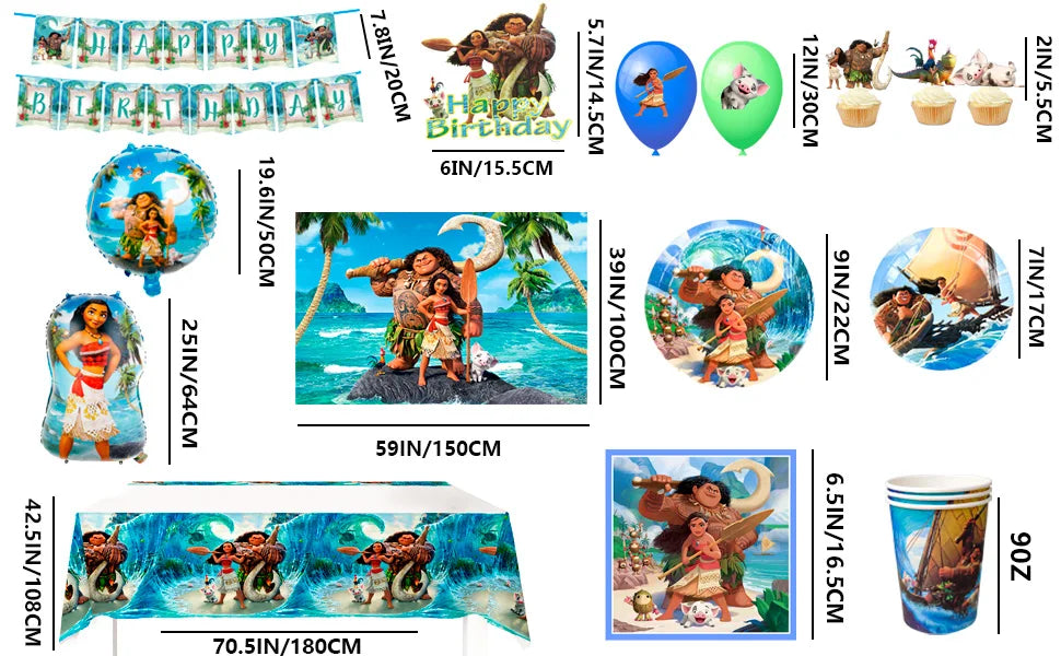 Moana Birthday Party Supplies,85pcs Decorations and Tableware Set-Moana Plates and Napkins Cups Table Cloth Banner Backdrop etc