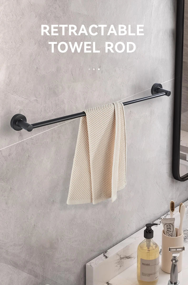 Bathroom Retractable Towel Single Bar Black, Chrome Single Towel Rack Extended Drying Towel Hanging Bar Bathroom EL81024