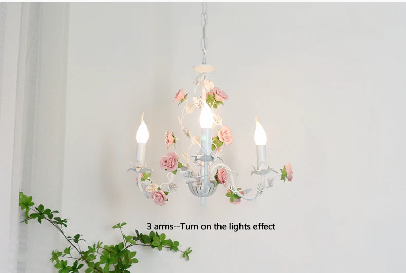Rural Bedroom Chandelier French Living Room Children's Room Iron Flowers Plants Warm American Retro Fresh Ceramic Pendant Lamps