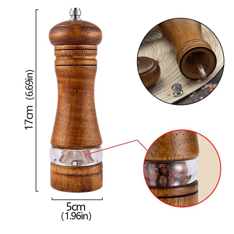 6-inch Manual Pepper Grinder Rubber Wood Acrylic Salt Shakers Adjustable Ceramic Rotor-Refillable Oak Spice Salt Grinding Bottle