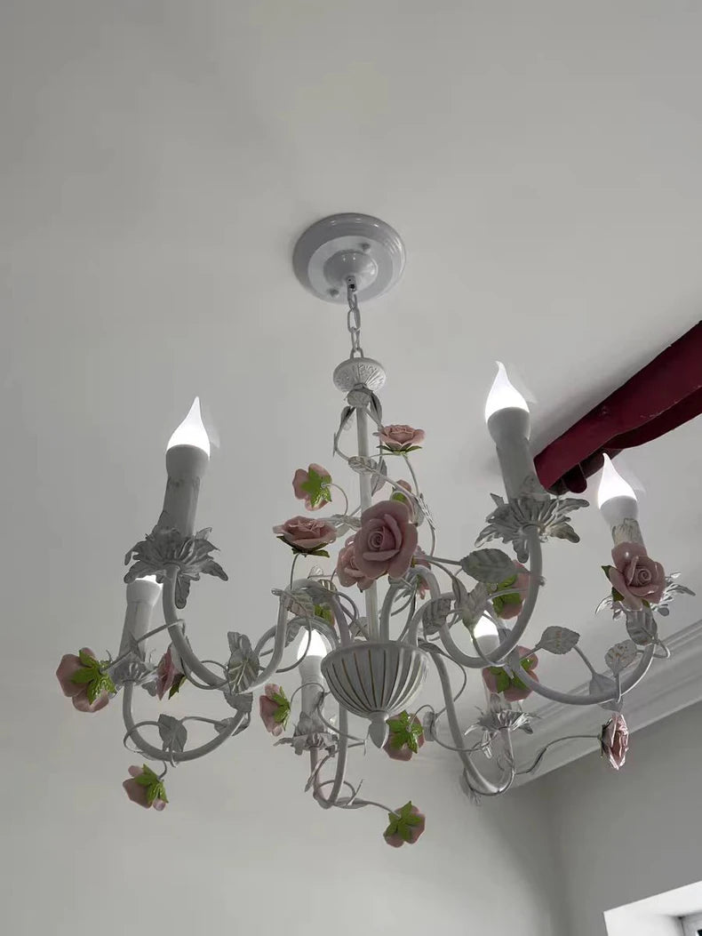 Rural Bedroom Chandelier French Living Room Children's Room Iron Flowers Plants Warm American Retro Fresh Ceramic Pendant Lamps