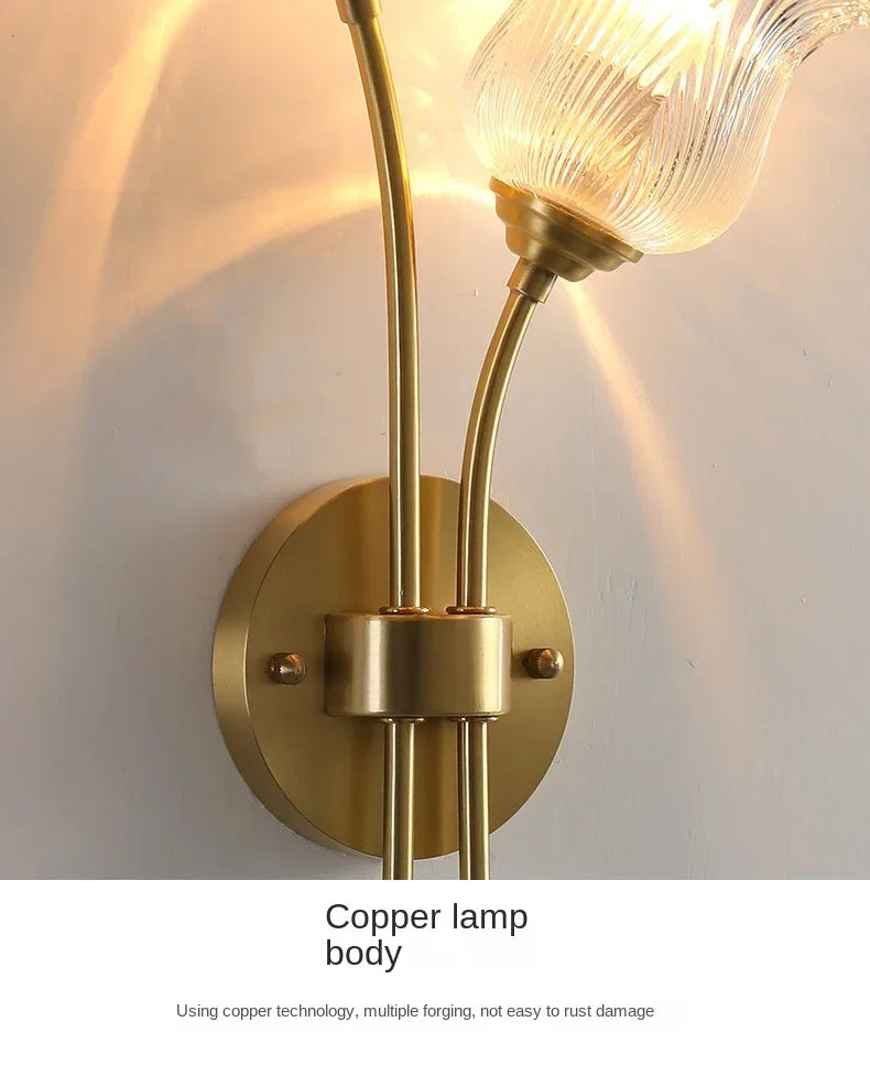 Bedroom headboard  lamp all copper American retro designer flower cream wind wall light room decor