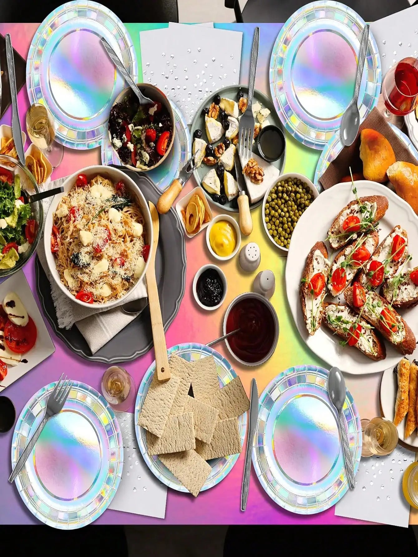 Rainbow Party Supplies Decorations, Holographic Paper Plates and Napkins Set for Birthday Wedding Holiday Party, Christmas