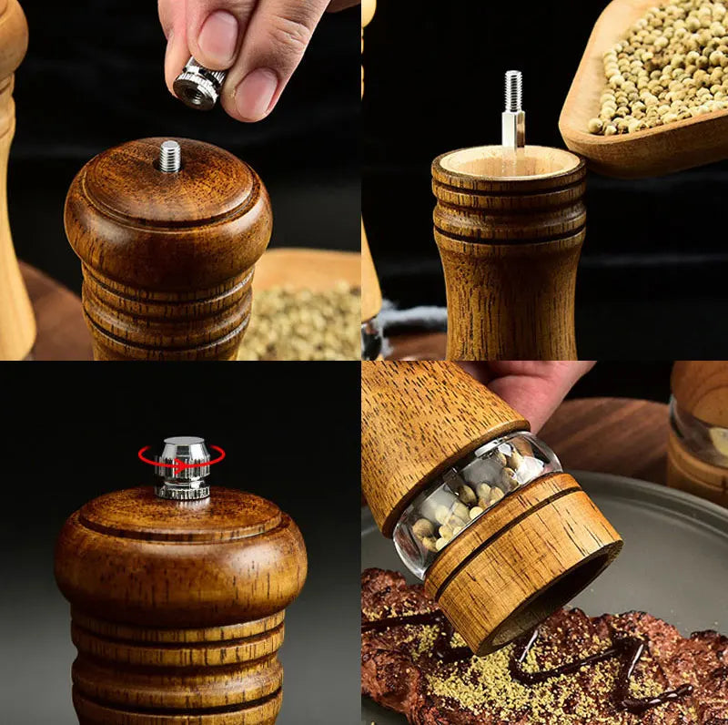 6-inch Manual Pepper Grinder Rubber Wood Acrylic Salt Shakers Adjustable Ceramic Rotor-Refillable Oak Spice Salt Grinding Bottle