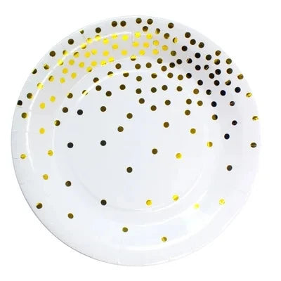 Disposable Paper Plates Gold Party Supplies, Golden Polka Dots Birthday and Baptism Decorations, include Plates and Cups, Napkin