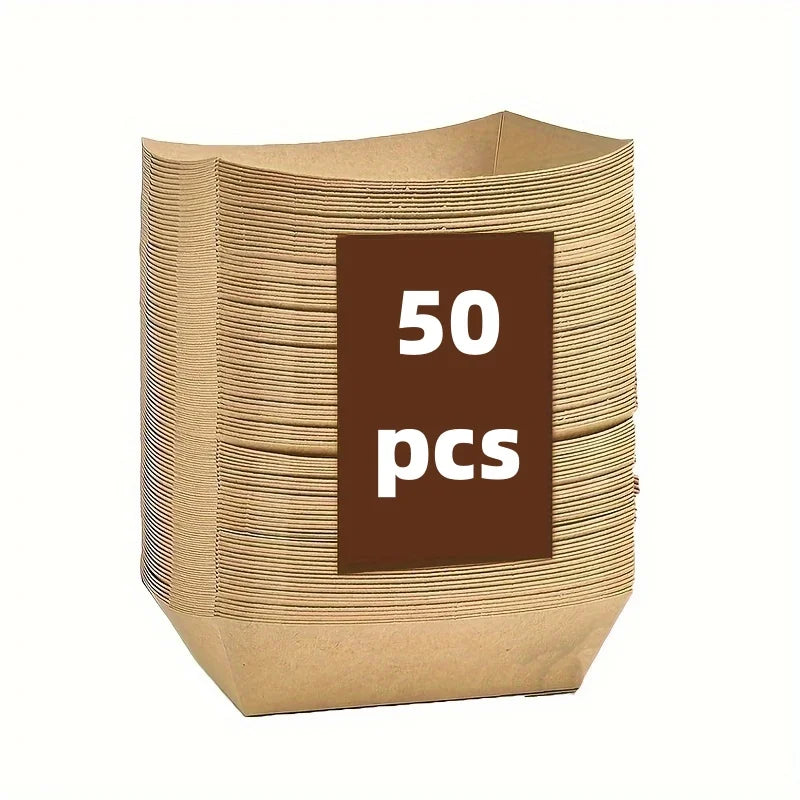 100pcs Kraft Paper Food Tray Heavy-duty Food Boat Trays Disposable Service Basket For Snacks Fries Tacos BBQ Party Tableware Set