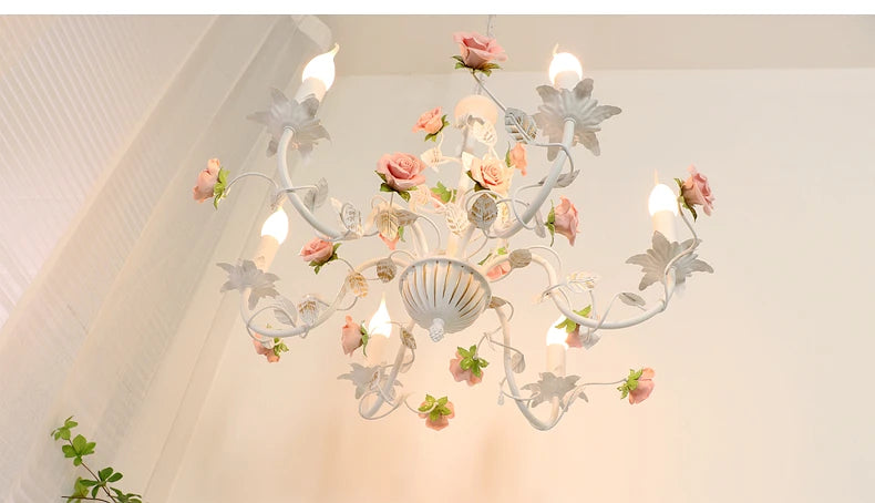 Rural Bedroom Chandelier French Living Room Children's Room Iron Flowers Plants Warm American Retro Fresh Ceramic Pendant Lamps