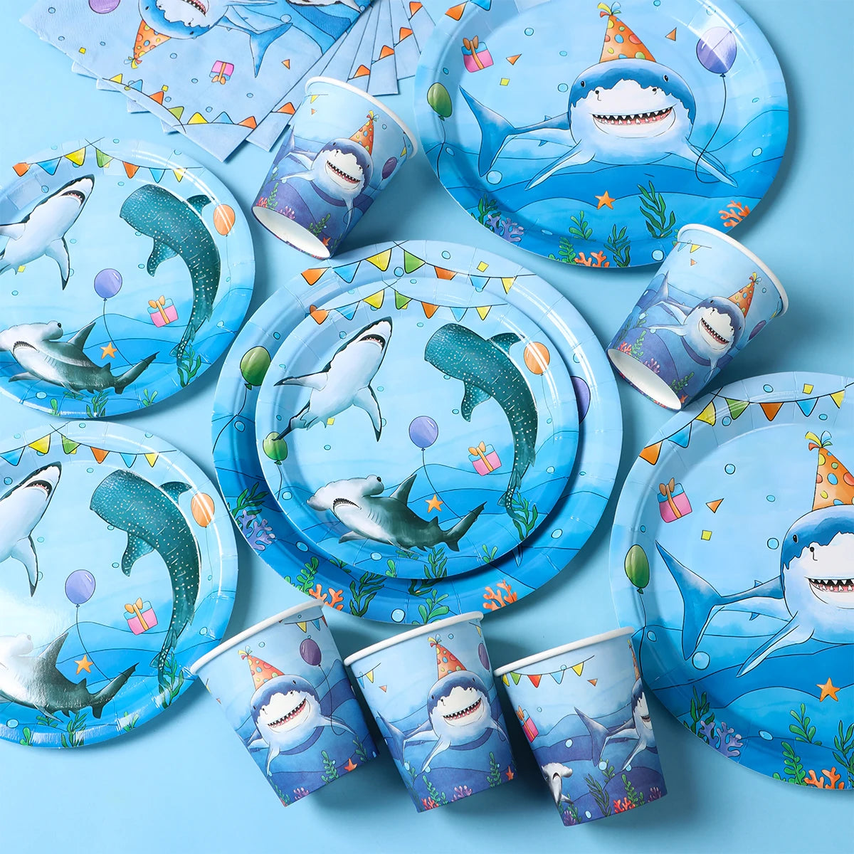 Shark Party Disposable Tableware Set Plates Cups Ocean Shark Birthday Party Decor Kids Boy Baby Shower Party Decor Supplies