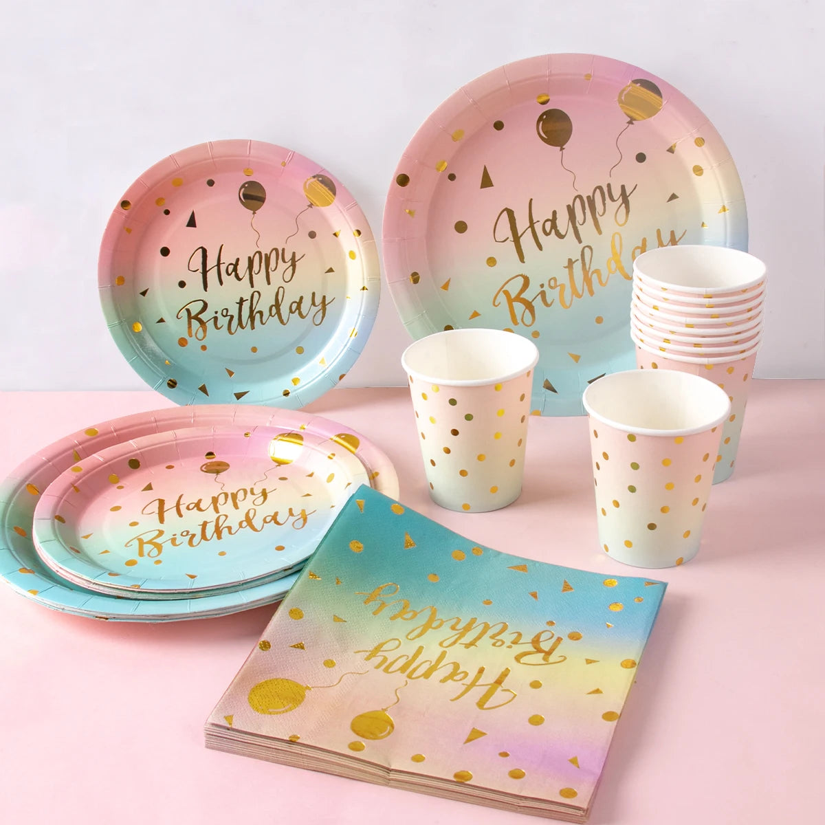 Rainbow Pastel Disposable Tableware Set Gold Glitter Happy Birthday Pattern Paper Plate Cup Napkins for Birthday Party Supplies