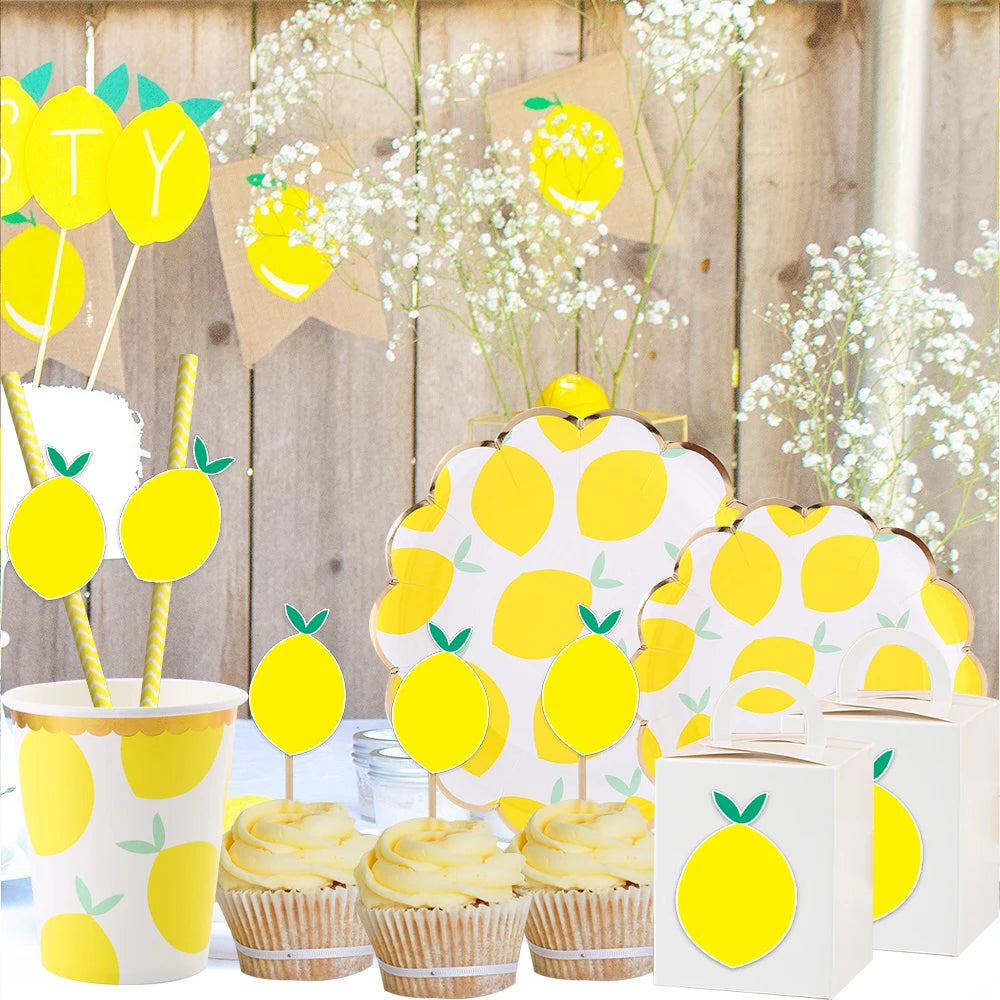 Lemon Disposable Tableware Paper Cups Plates Cake Toppers for Summer Lemon Happy Birthday Pool Party Decoration DIY Cake Supply