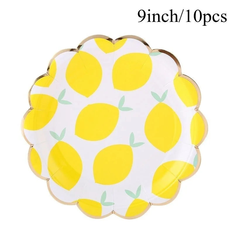 Lemon Disposable Tableware Paper Cups Plates Cake Toppers for Summer Lemon Happy Birthday Pool Party Decoration DIY Cake Supply