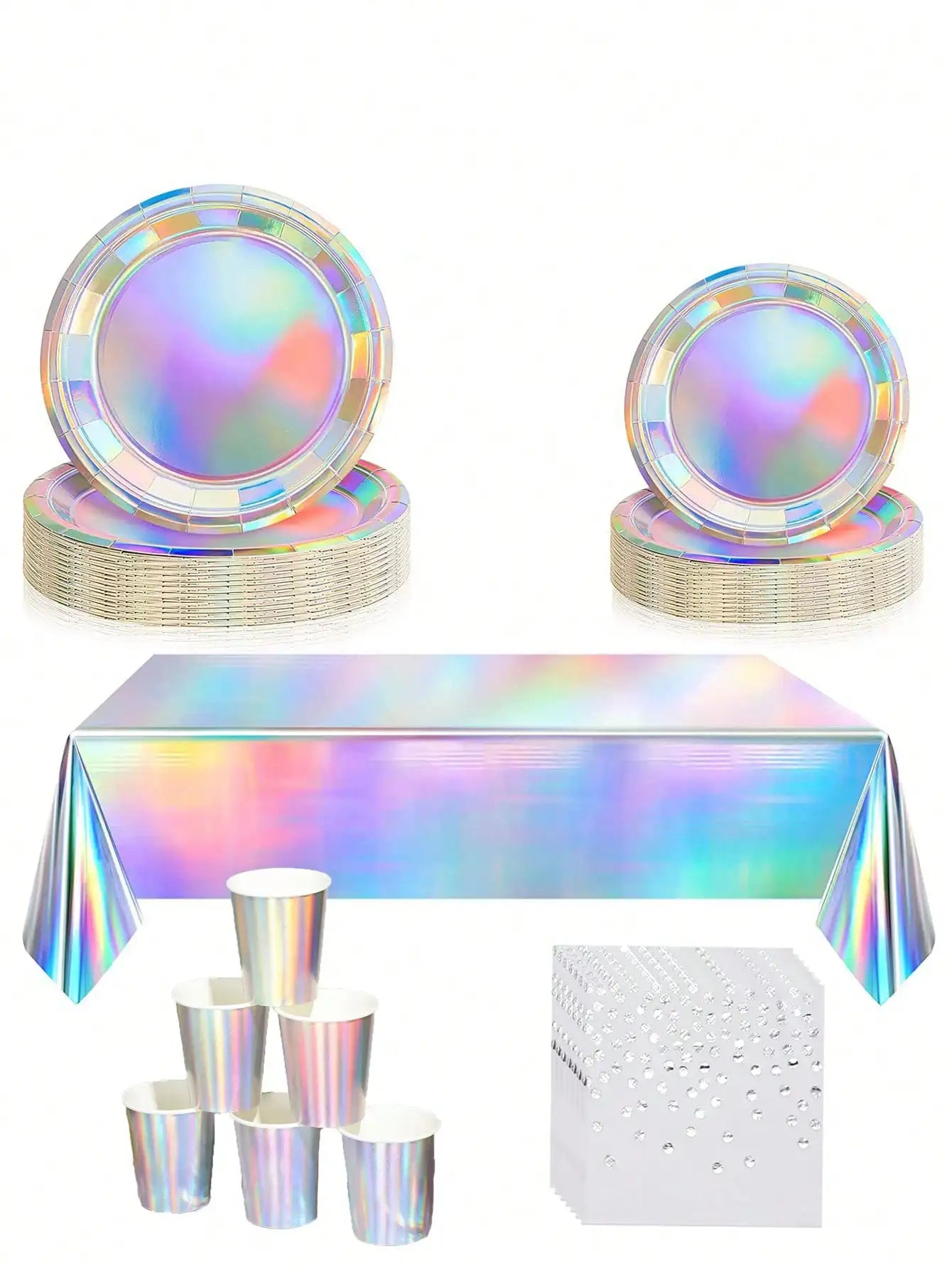 Rainbow Party Supplies Decorations, Holographic Paper Plates and Napkins Set for Birthday Wedding Holiday Party, Christmas