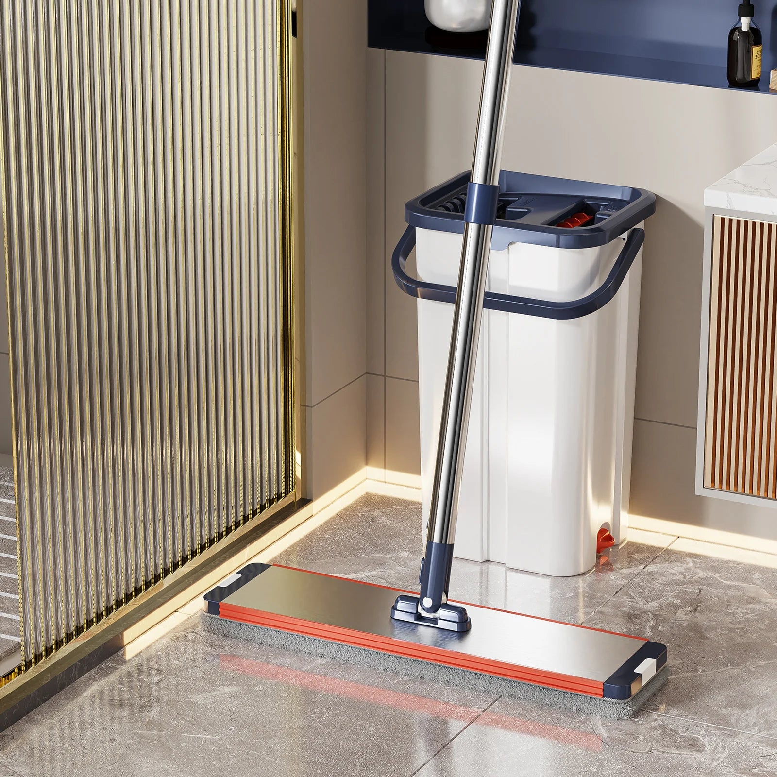 Floor Flat Squeeze Mop with Bucket Hand Free Lazy Cleaning Mop Microfiber 360 Rotating Self-Wringing Mop House Cleaning