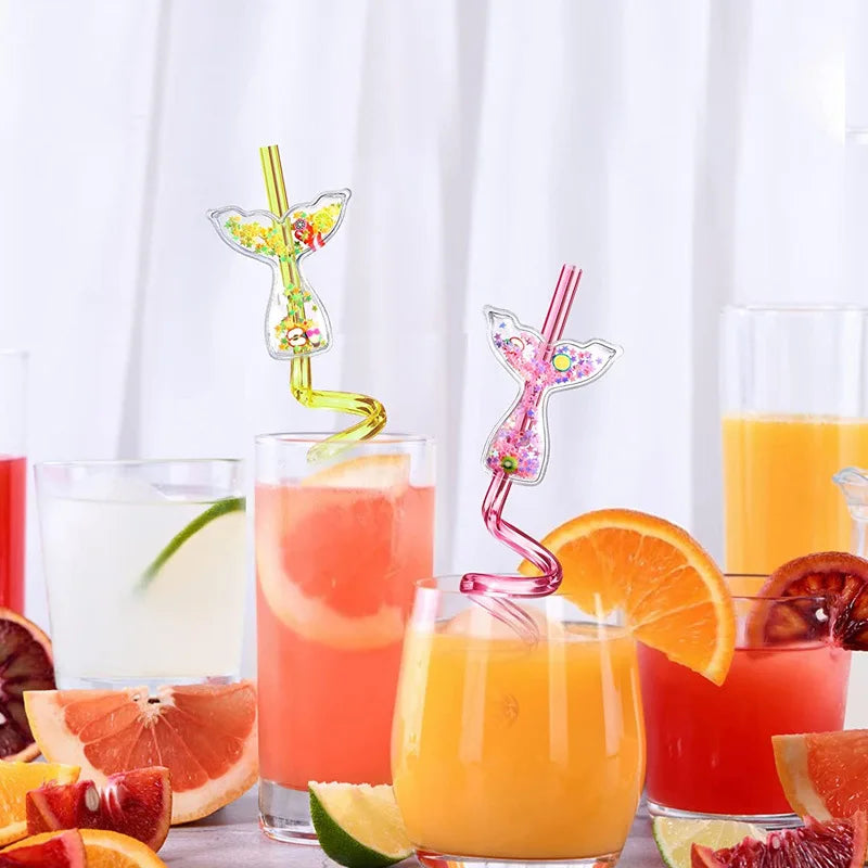 6Pcs Mermaid Tail Flowing Sand Spiral Straw Hawaiian Beach Cocktail Decoration Supplies Summer Party Reusable Straws Decoration