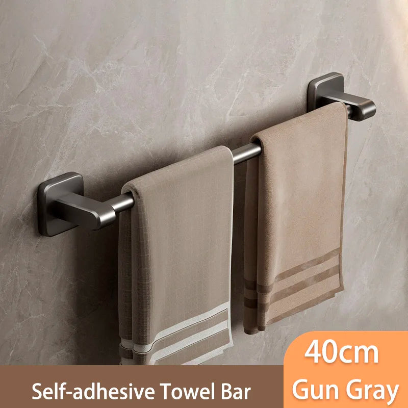 Self-Adhesive Bathroom Towel Rack Holder without Drilling Kitchen Cabinet Dishcloth Rack Black Aluminum Hand Towel Hanger Rod
