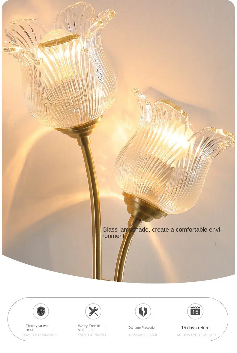 Bedroom headboard  lamp all copper American retro designer flower cream wind wall light room decor