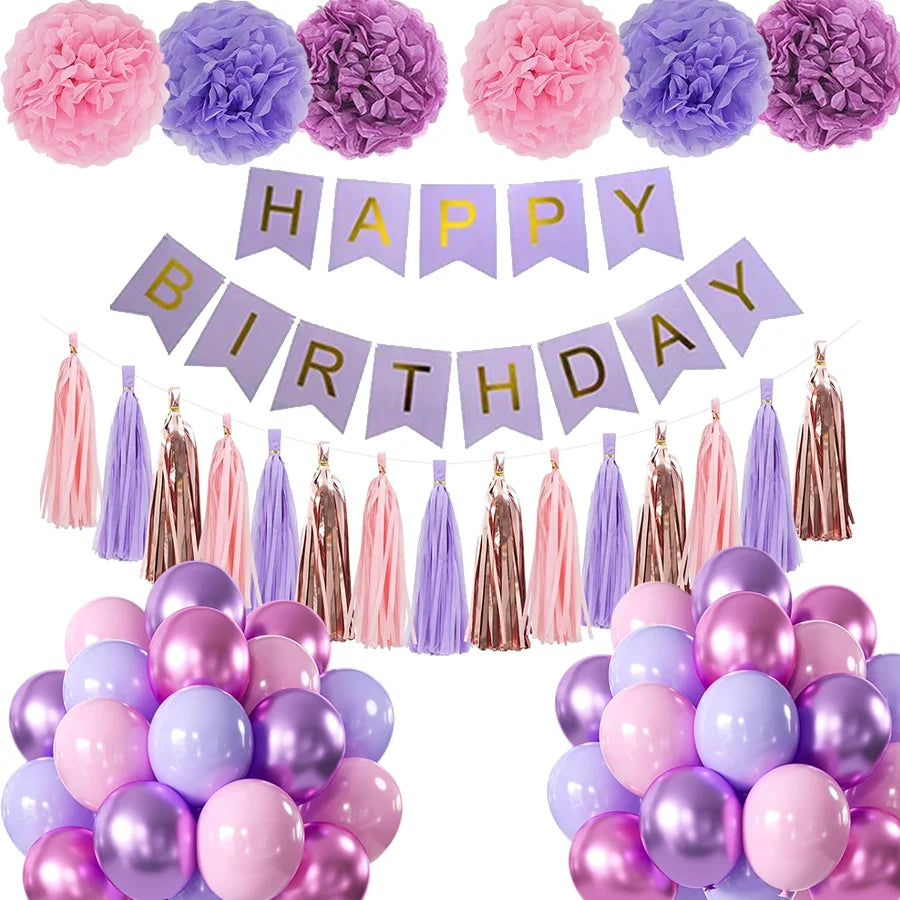 Purple Pink Birthday Party Decorations Set with Happy Birthday Banner, Tissue Paper Pompoms, Tassel Garland, and Balloon Set