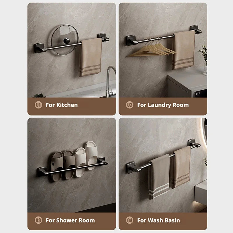 Self-Adhesive Bathroom Towel Rack Holder without Drilling Kitchen Cabinet Dishcloth Rack Black Aluminum Hand Towel Hanger Rod