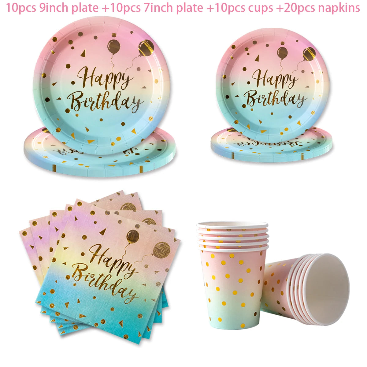 Rainbow Pastel Disposable Tableware Set Gold Glitter Happy Birthday Pattern Paper Plate Cup Napkins for Birthday Party Supplies