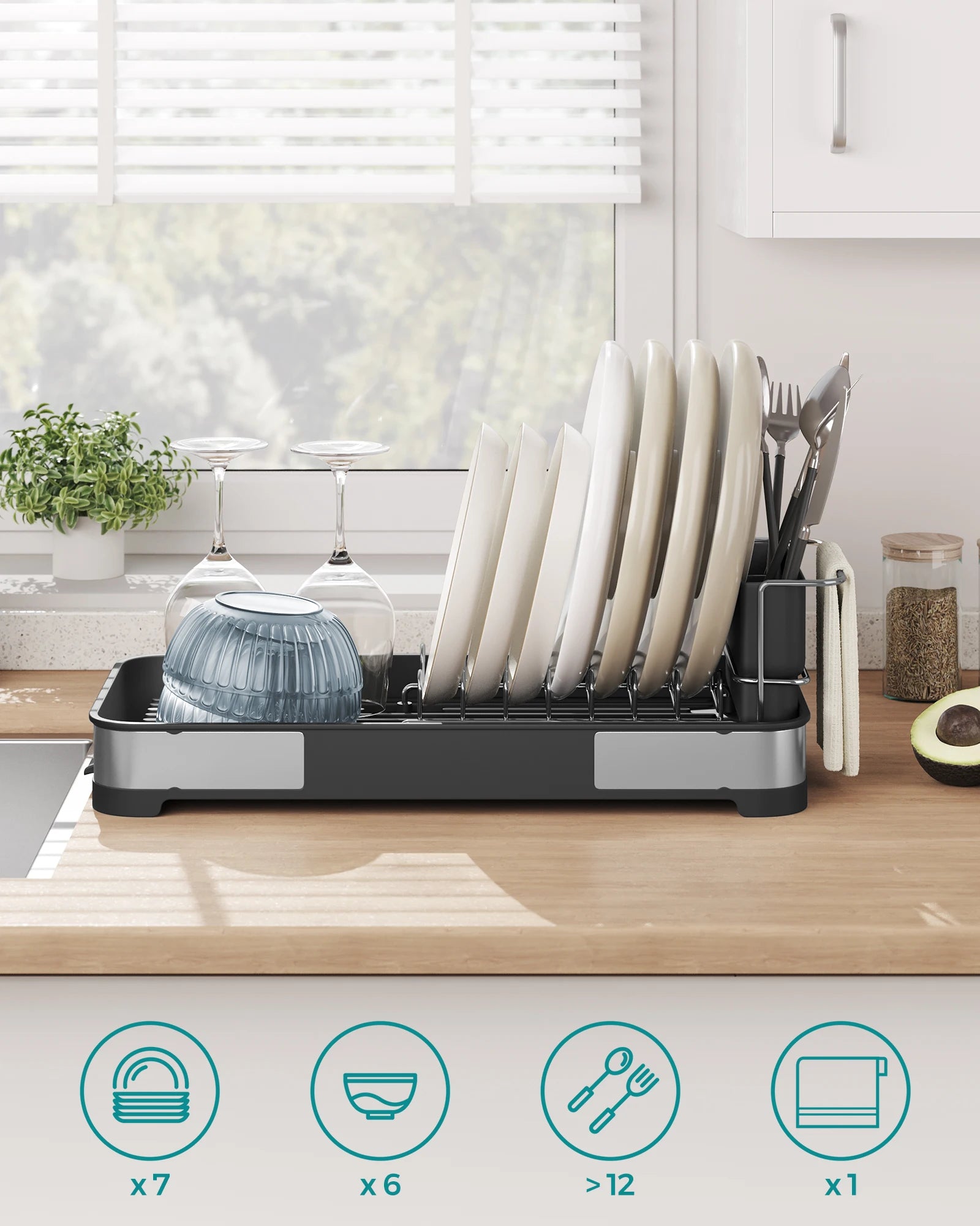 SONGMICS Small Dish Drying Rack, Dish Dryer for Kitchen Counter, Stainless Steel Dish Rack with Drain, Utensil Holder,Rustproof