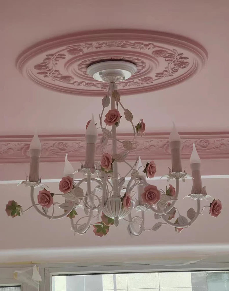 Rural Bedroom Chandelier French Living Room Children's Room Iron Flowers Plants Warm American Retro Fresh Ceramic Pendant Lamps