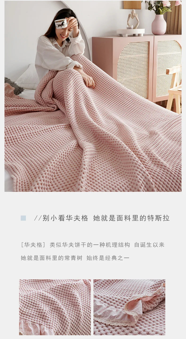 100% Cotton Soft Bed Plaid Home Japenese Knitted Blanket Corn Grain Waffle Embossed Summer Ruffles Warm Plaid Throw Bedspread