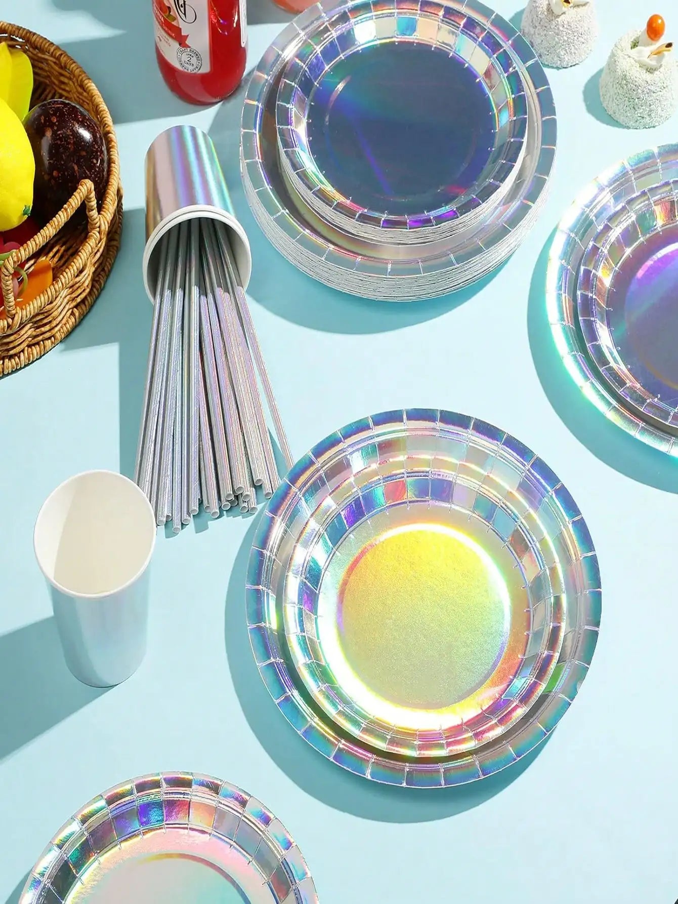 Rainbow Party Supplies Decorations, Holographic Paper Plates and Napkins Set for Birthday Wedding Holiday Party, Christmas