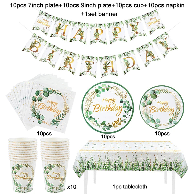 Green Eucalyptus Leaf Disposable Tableware Set Paper Plate Cup Napkin Kids Adult Birthday Supplies Hawaiian Summer Party Decor