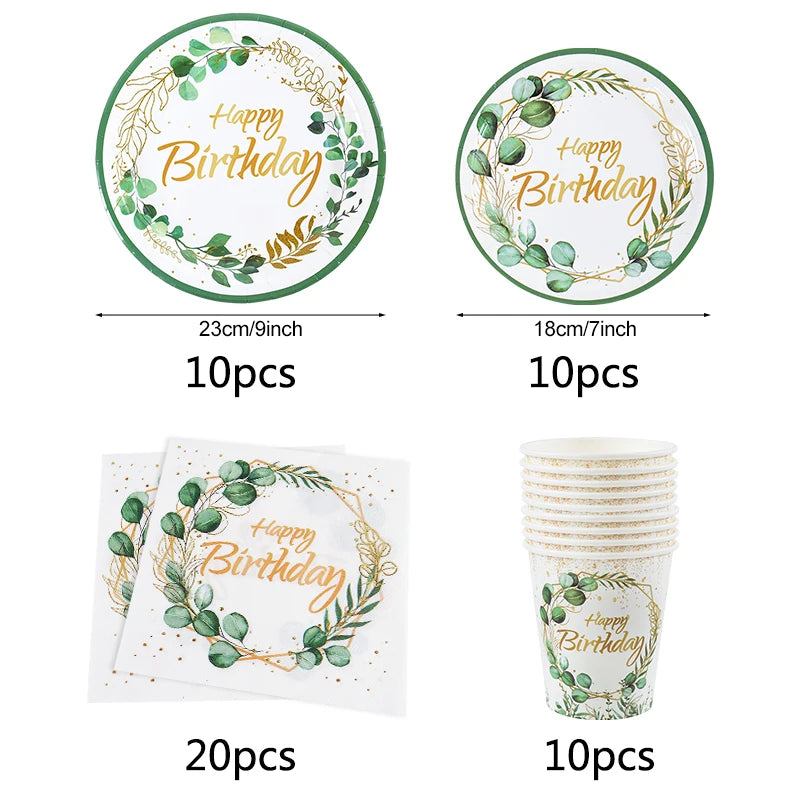 Green Eucalyptus Leaf Disposable Tableware Set Paper Plate Cup Napkin Kids Adult Birthday Supplies Hawaiian Summer Party Decor