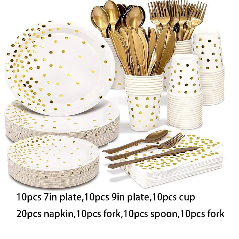 Disposable Paper Plates Gold Party Supplies, Golden Polka Dots Birthday and Baptism Decorations, include Plates and Cups, Napkin