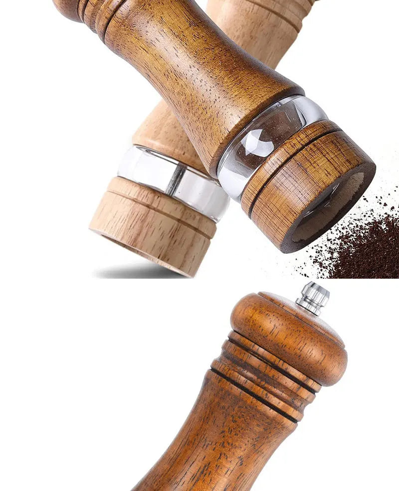 6-inch Manual Pepper Grinder Rubber Wood Acrylic Salt Shakers Adjustable Ceramic Rotor-Refillable Oak Spice Salt Grinding Bottle
