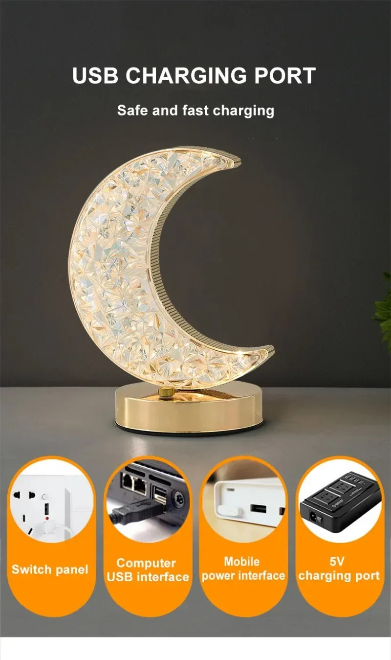 Bedroom Crystal Touch Dimming Night Light Girls Room Home Decor Aesthetics USB Bedside LED Ambient Table 3d Moon Lamp