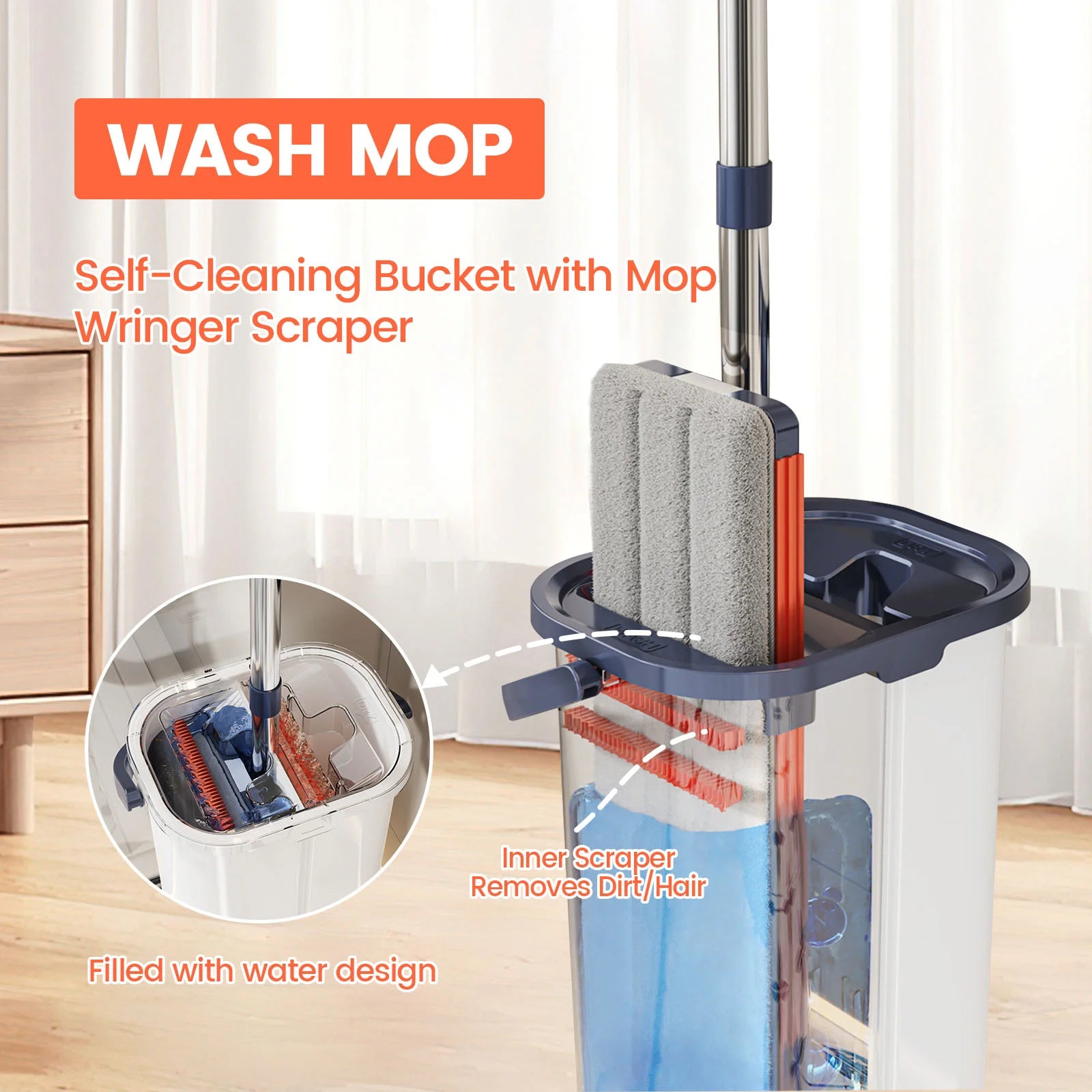 Floor Flat Squeeze Mop with Bucket Hand Free Lazy Cleaning Mop Microfiber 360 Rotating Self-Wringing Mop House Cleaning
