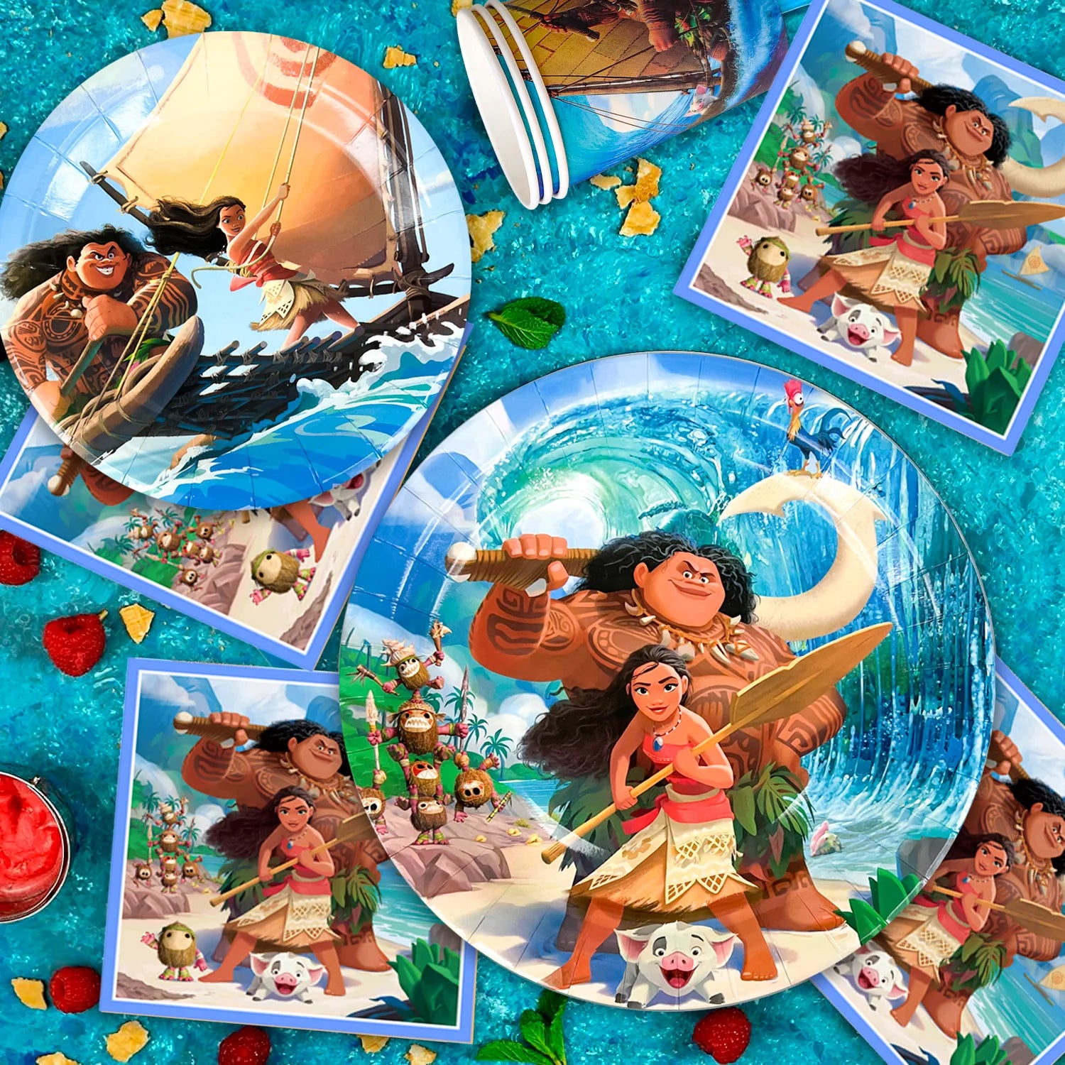 Moana Birthday Party Supplies,85pcs Decorations and Tableware Set-Moana Plates and Napkins Cups Table Cloth Banner Backdrop etc