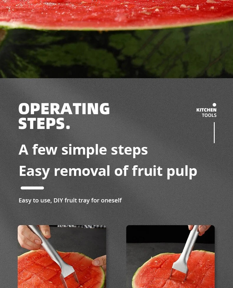 2 In 1 Multi-Purpose Portable Watermelon Slicer Cutter Knife Stainless Steel Kitchen Fruit Cutting Fork