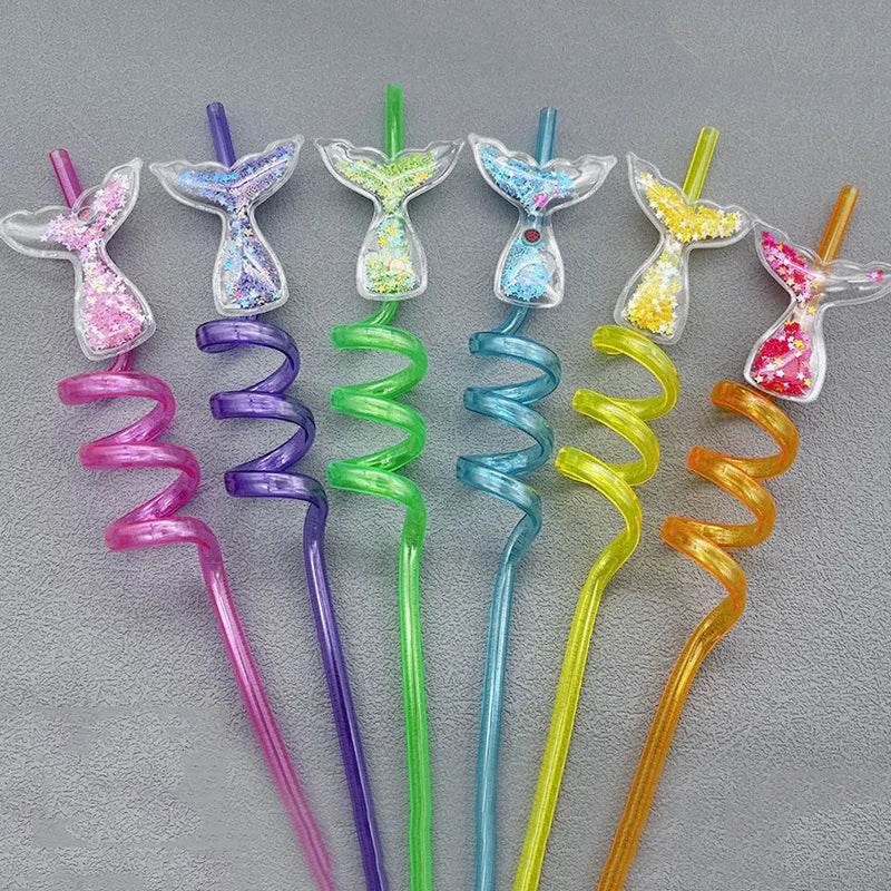 6Pcs Mermaid Tail Flowing Sand Spiral Straw Hawaiian Beach Cocktail Decoration Supplies Summer Party Reusable Straws Decoration