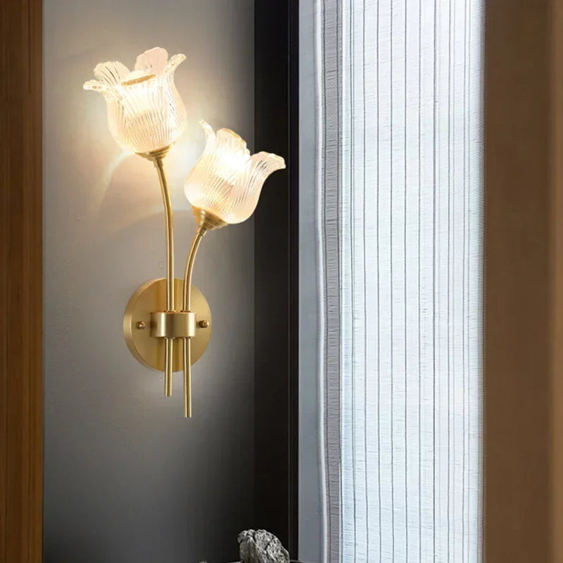 Bedroom headboard  lamp all copper American retro designer flower cream wind wall light room decor