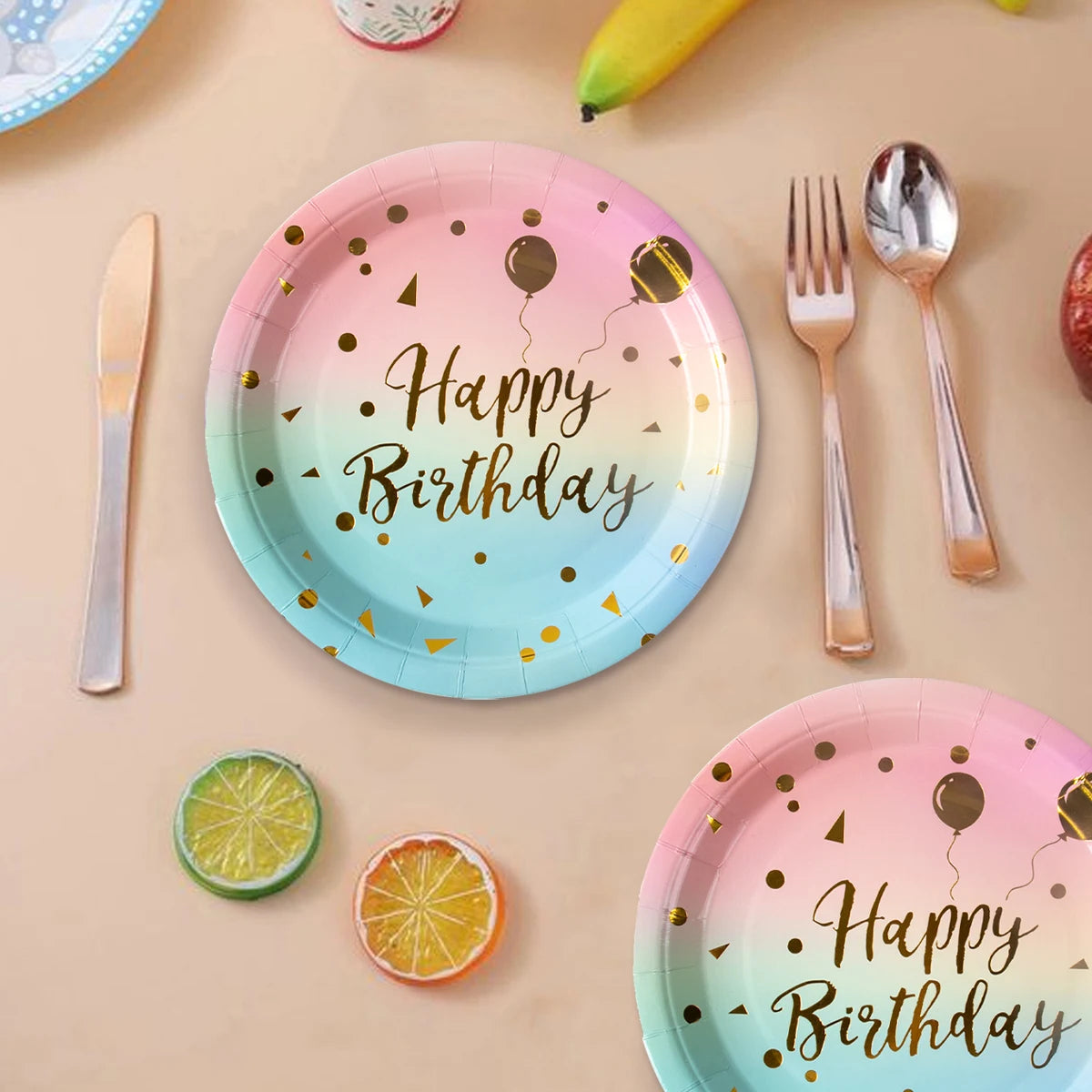 Rainbow Pastel Disposable Tableware Set Gold Glitter Happy Birthday Pattern Paper Plate Cup Napkins for Birthday Party Supplies
