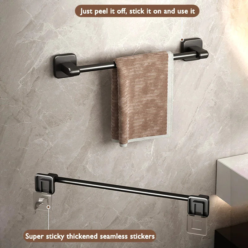 Self-Adhesive Bathroom Towel Rack Holder without Drilling Kitchen Cabinet Dishcloth Rack Black Aluminum Hand Towel Hanger Rod