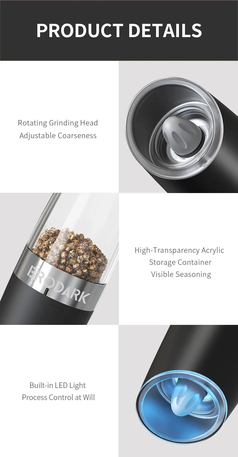 1/2pcs Gravity Electric Salt And Pepper Grinder Set, Battery Powered LED Light One HandAutomatic Operation