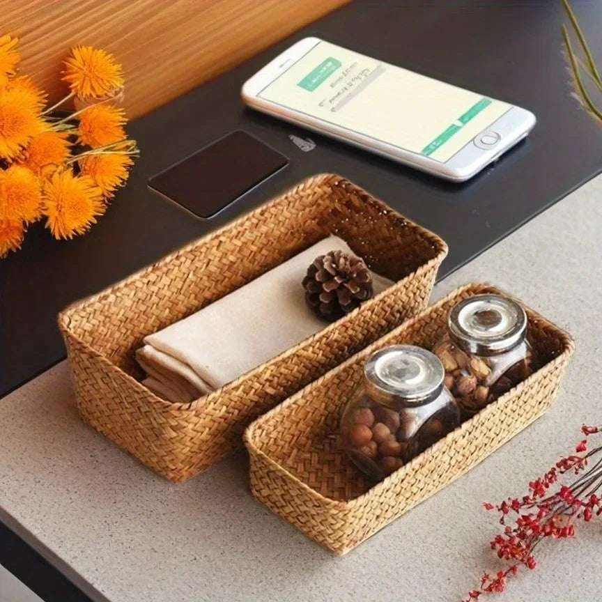 Bathroom Storage Basket Home Storage Basket Box Grass Woven Rectangular Storage Container Sundries Kitchen Drawer Organizer