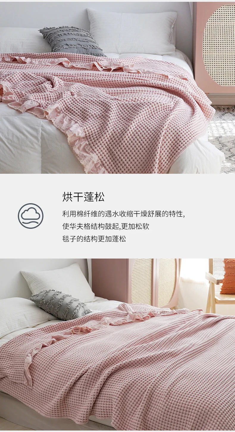 100% Cotton Soft Bed Plaid Home Japenese Knitted Blanket Corn Grain Waffle Embossed Summer Ruffles Warm Plaid Throw Bedspread