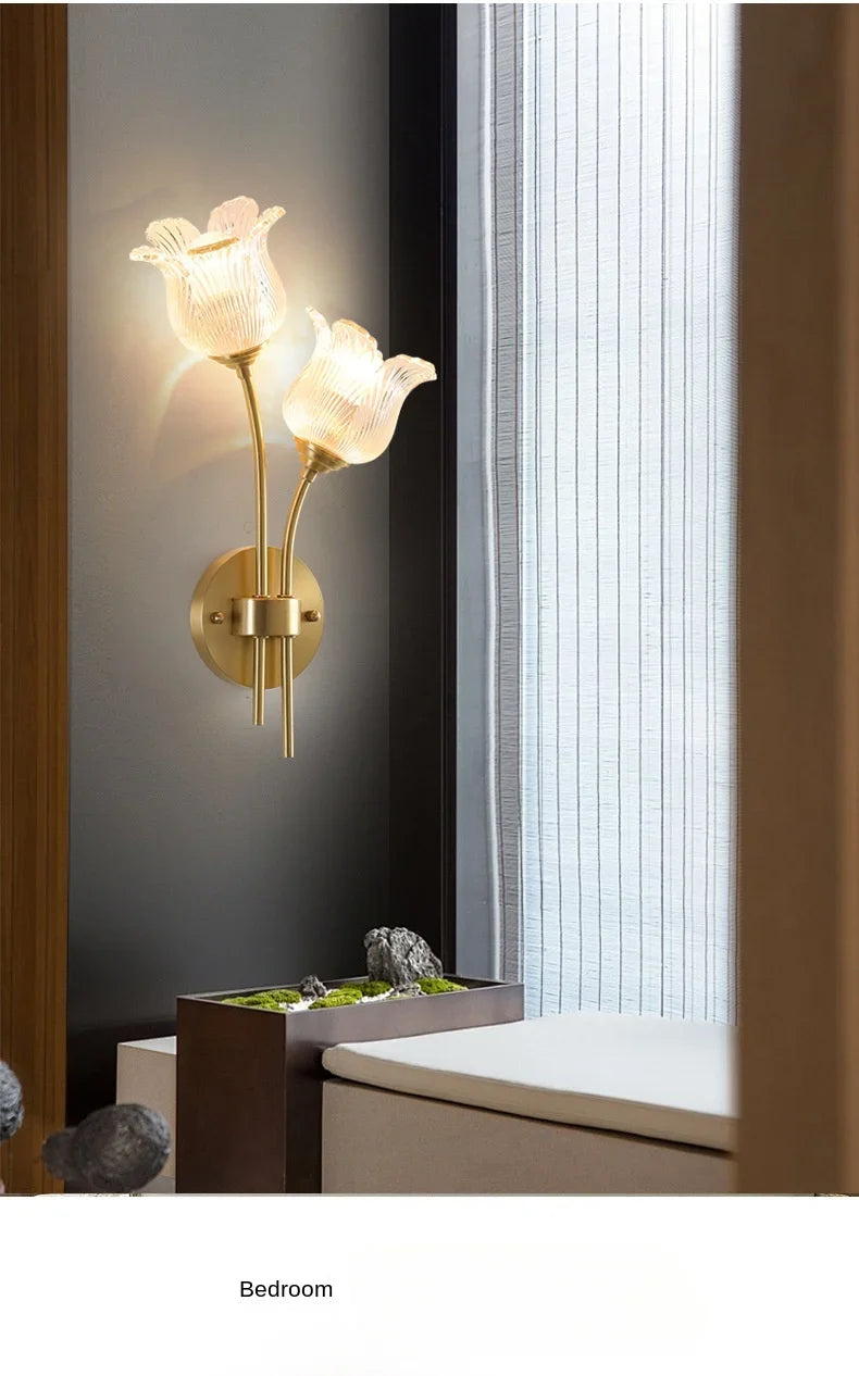 Bedroom headboard  lamp all copper American retro designer flower cream wind wall light room decor