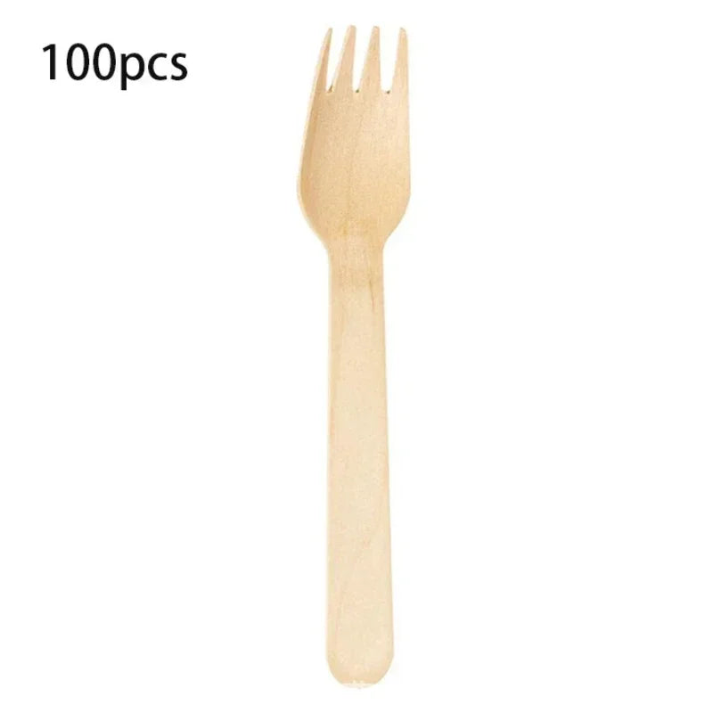 50/100pcs Wooden Fruit Cake Forks Western-style Meat Steak Pasta Disposable Tableware Wedding Birthday Party Cake Accessories