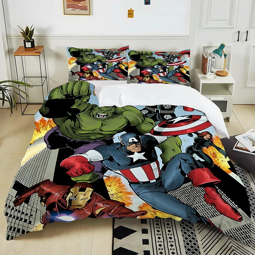 Marvel Bedding Set Superhero Cartoon Duvet Cover Pillow Case, Hulk Iron Man Duvet Set Comfortable Bed Set King Size Bed