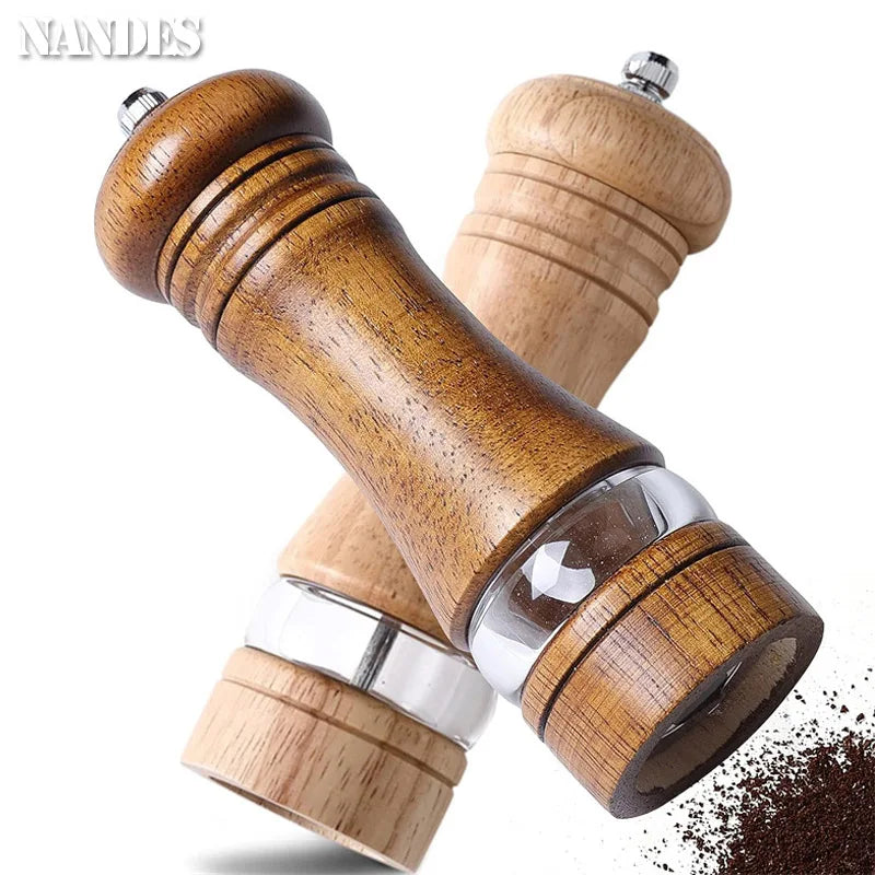 6-inch Manual Pepper Grinder Rubber Wood Acrylic Salt Shakers Adjustable Ceramic Rotor-Refillable Oak Spice Salt Grinding Bottle