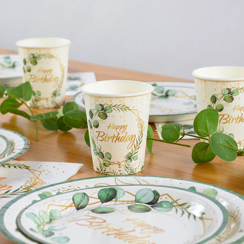 Green Eucalyptus Leaf Disposable Tableware Set Paper Plate Cup Napkin Kids Adult Birthday Supplies Hawaiian Summer Party Decor