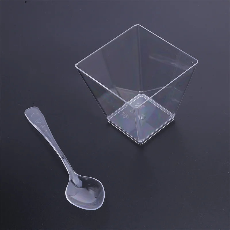 Disposable Tableware Set Dessert Cups Spoons Set Jelly Smoothie Mousse Fruit Cube Pudding Cup Party PS Dessert Suit Cups