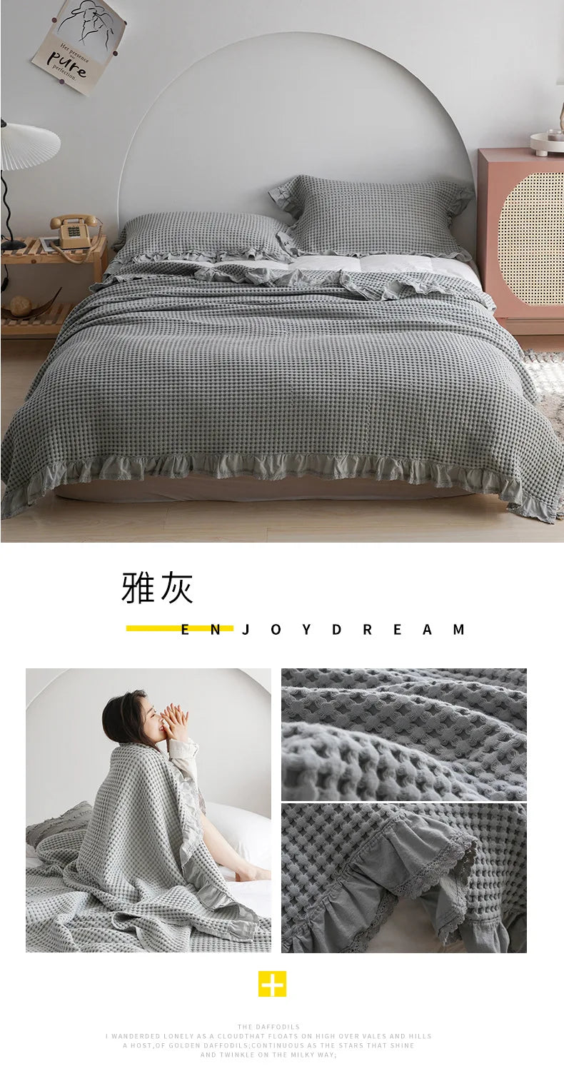 100% Cotton Soft Bed Plaid Home Japenese Knitted Blanket Corn Grain Waffle Embossed Summer Ruffles Warm Plaid Throw Bedspread