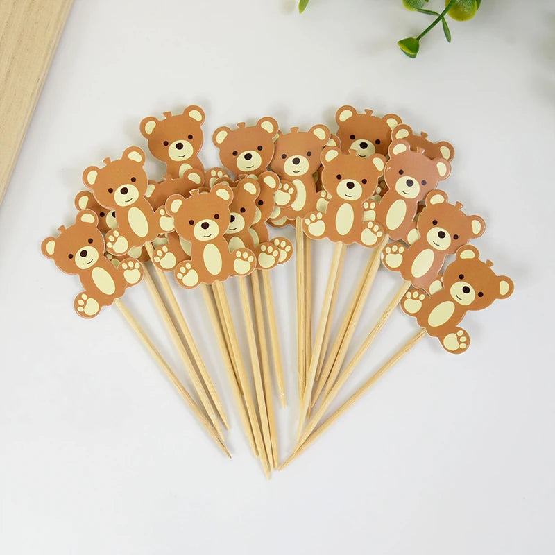 20Pcs Cute Bear Disposable Bamboo Food Pick Baby Shower Santa Dessert Fruit Salad Toothpick Birthday Party Decoration Supplies